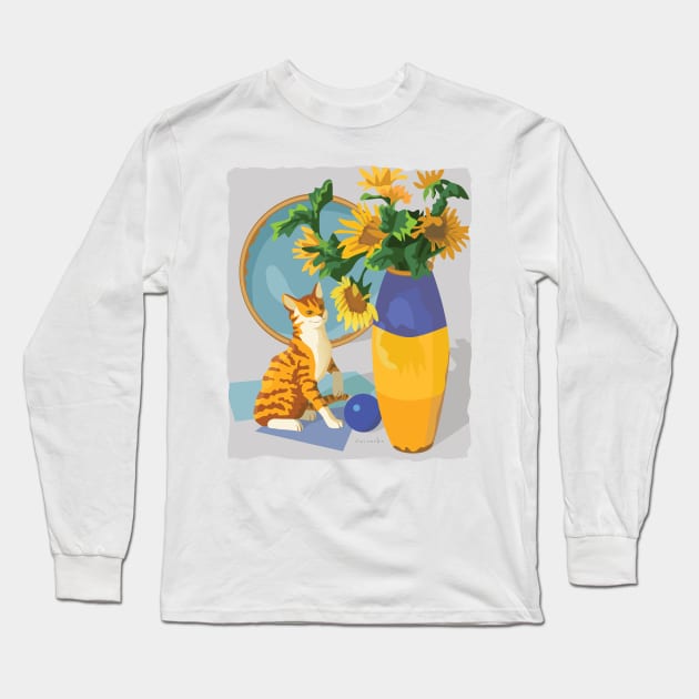 Cat and Sunflowers Long Sleeve T-Shirt by Sue Cervenka